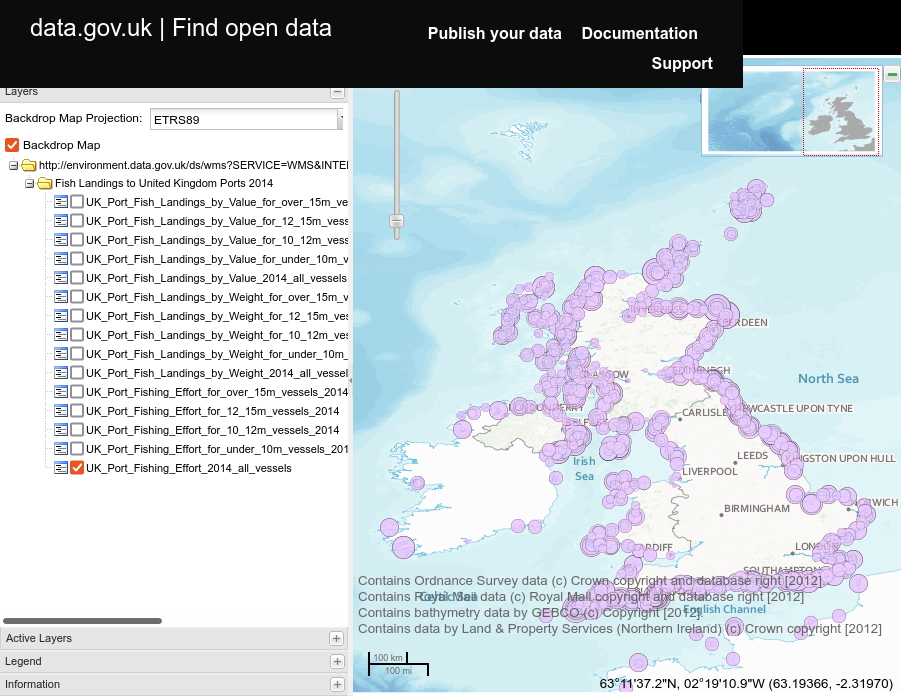 A web map viewer showing the fishing port landing amounts